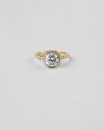 Cushion Cut Halo Engagement Ring — Yellow gold