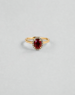 Ruby Halo Diamond Ring — Yellow gold