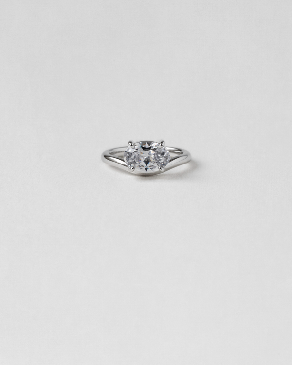 Curved Oval Diamond Pinky Ring in white gold, front view