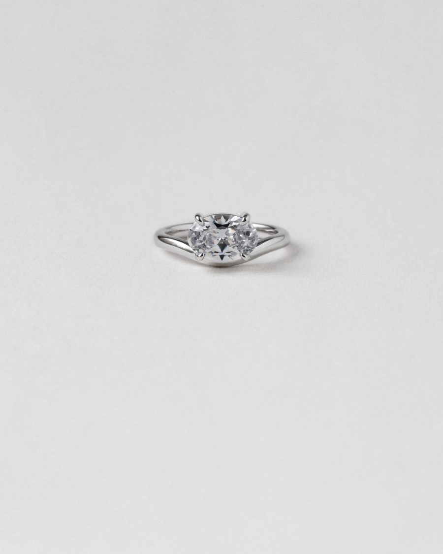 Curved Oval Diamond Pinky Ring in white gold, front view